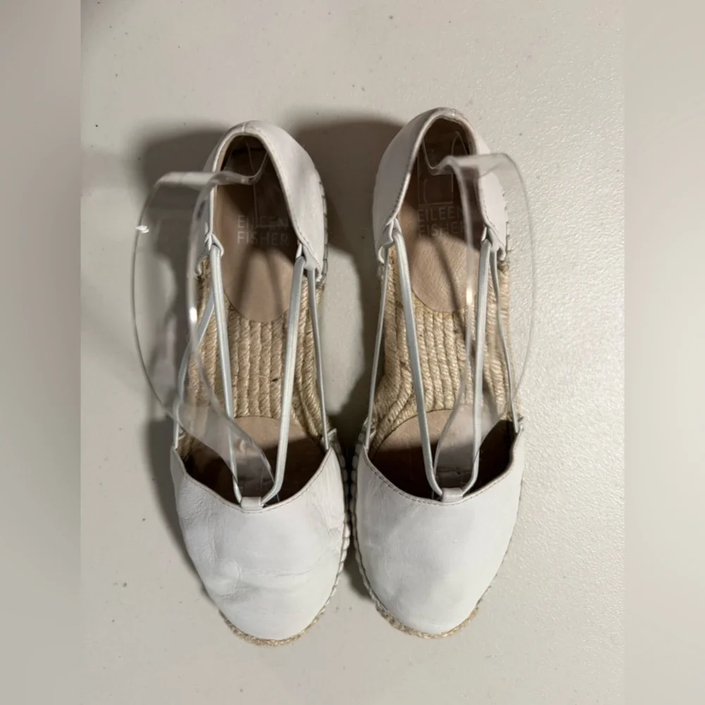 Eileen Fisher Bone Gray Leather Espadrille Flat Sandals Size 6 Classic Summer